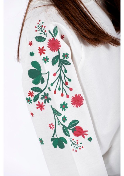 Kız Çocuk Ekru Renkli Reglan Kol Çiçek Baskılı Sweatshirt indirimleri