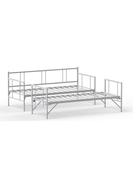 Forte Yavrulu Karyola Daybed Tek-Çift Kişilik Metal Karyola+Yatak Seti Beyaz