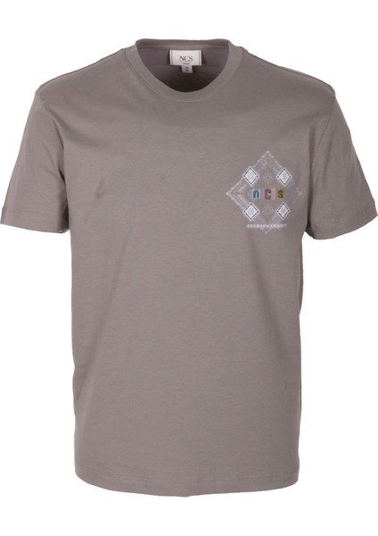 Erkek Tişört Bisiklet Yaka Açık Haki Slim Fit Baskılı T-Shirt Ncs Jeans 1297