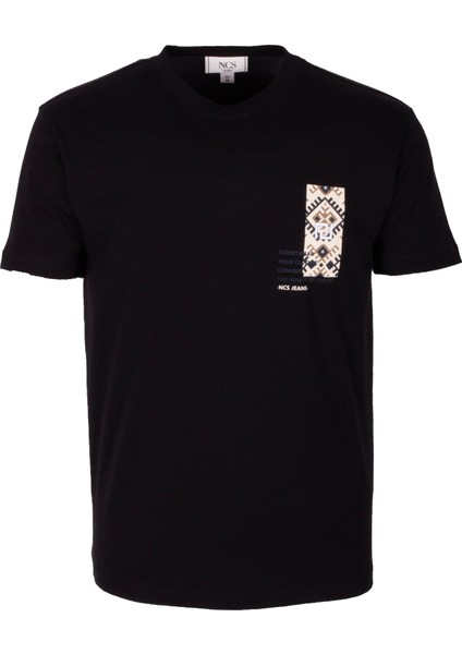 Erkek Tişört Bisiklet Yaka Siyah %100 Pamuk Slim Fit Göğüs ve Sırt Baskılı T-Shirt Ncs Jeans 1299