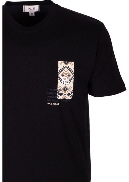 Erkek Tişört Bisiklet Yaka Siyah %100 Pamuk Slim Fit Göğüs ve Sırt Baskılı T-Shirt Ncs Jeans 1299 modelleri