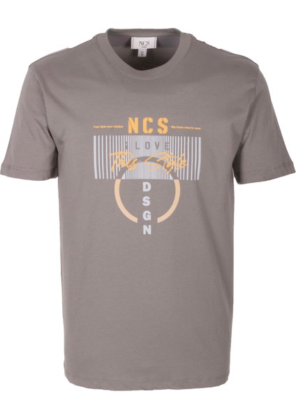 Erkek Tişört Bisiklet Yaka Slim Fit Açık Haki %100 Pamuk Baskılı T-Shirt Ncs Jeans 1300