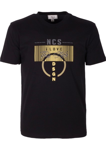 Erkek Tişört Bisiklet Yaka Slim Fit Siyah %100 Pamuk Baskılı T-Shirt Ncs Jeans 1300