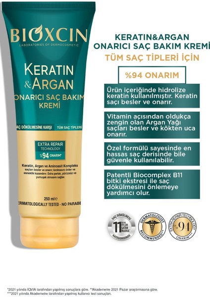 Keratin & Argan Onarıcı Saç Bakım Kremi 250 ml - Yıpranmış ve Hassas Saçlar 5'li