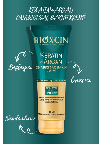 Keratin & Argan Onarıcı Saç Bakım Kremi 250 ml - Yıpranmış ve Hassas Saçlar 5'li