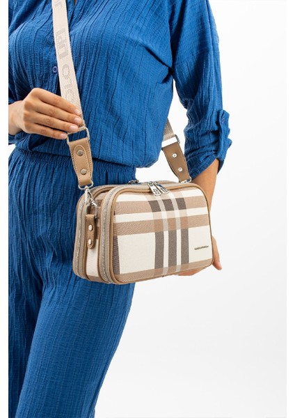 Kadın Ekose Desen 5 Bölmeli Uzun Askılı Omuz ÇANTASI-9001