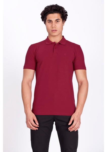 Erkek Polo Yaka Tişört Bordo %100 Pamuk Slim Fit Polo T-Shirt Ncs Jeans 1055