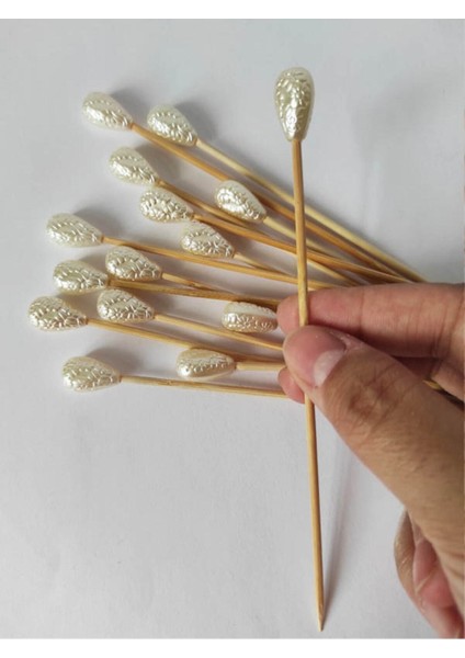 15 cm Uzun Kürdan - 30 Adet Çiçekli Damla Inci Kokteyl Kürdanı - Kokteyl Karıştırıcı