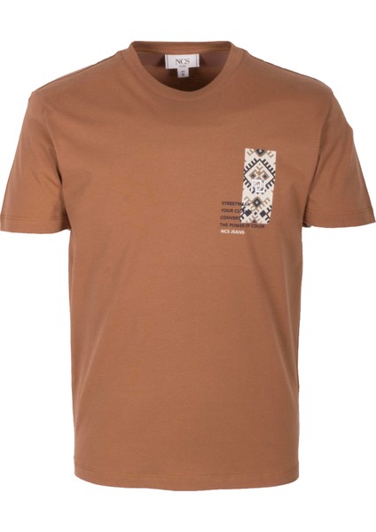Erkek Tişört Bisiklet Yaka Camel %100 Pamuk Slim Fit Göğüs ve Sırt Baskılı T-Shirt Ncs Jeans 1299