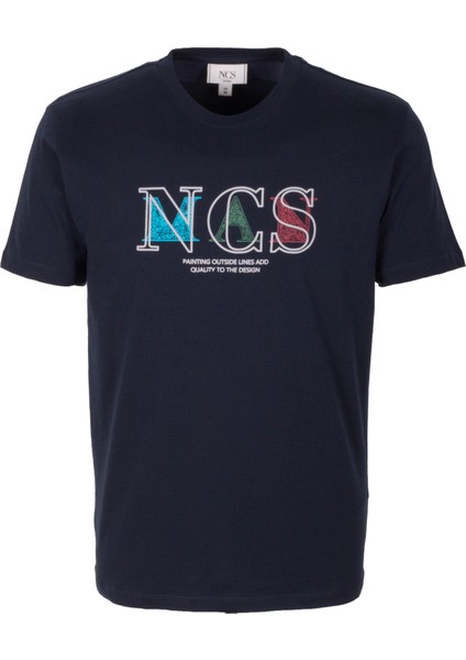Erkek Tişört Bisiklet Yaka Lacivert Slim Fit Baskılı T-Shirt Ncs Jeans 1298