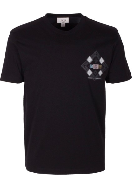 Erkek Tişört Bisiklet Yaka Siyah Slim Fit Baskılı T-Shirt Ncs Jeans 1297