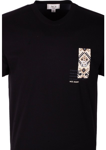 Erkek Tişört Bisiklet Yaka Siyah %100 Pamuk Slim Fit Göğüs ve Sırt Baskılı T-Shirt Ncs Jeans 1299 fırsatları