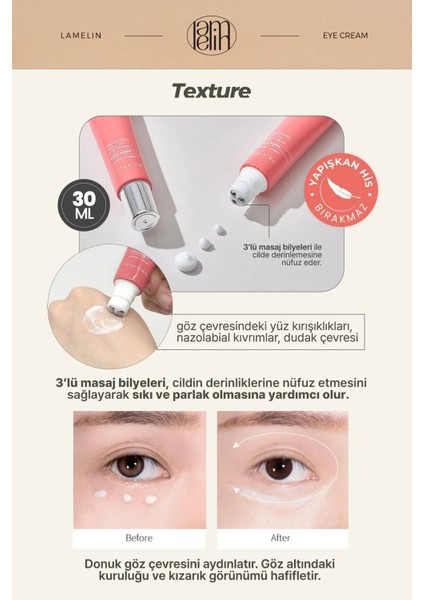 Yaşlanma Karşıtı 3'Lü Masaj Başlıklı Kolajen Göz Kremi Lamelin Roll On Collagen Eye Cream