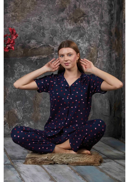 Sude Homewear Kadın Kalp Desenli Kısa Kol Pijama Takımı