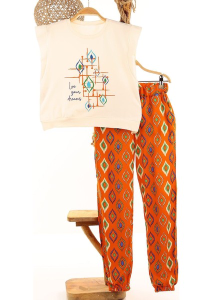 Love Your Dreams Baklava Desen Kız Çocuk Viscon Takım - Turuncu