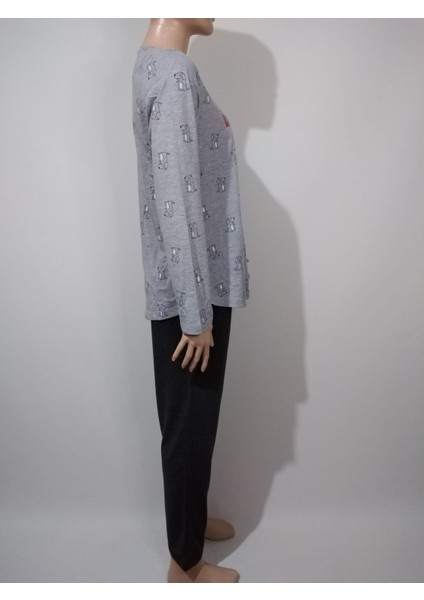 Kadın Gri Yuvarlak Yaka Oval Etek Uzun Kollu Desenli Manşetli Pamuklu Pijama Takımı