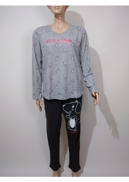 Kadın Gri Yuvarlak Yaka Oval Etek Uzun Kollu Desenli Manşetli Pamuklu Pijama Takımı fiyatları