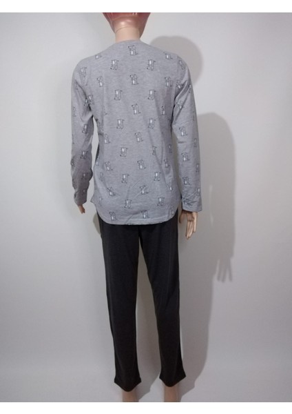 Kadın Gri Yuvarlak Yaka Oval Etek Uzun Kollu Desenli Manşetli Pamuklu Pijama Takımı modelleri
