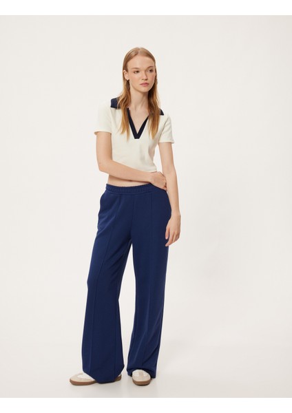 Crop Tişört Polo Yaka Düğmeli Kısa Kollu Biyeli Slim Fit