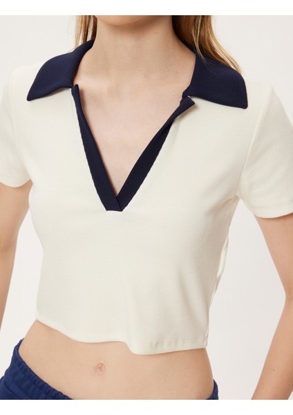 Crop Tişört Polo Yaka Düğmeli Kısa Kollu Biyeli Slim Fit indirimleri