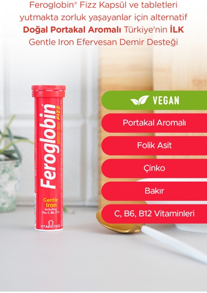 Fızz Demir (Gentle Iron), C Vitamini,Folik Asit, Çinko,Bakır İçeren 20 Efervesan Tablet.