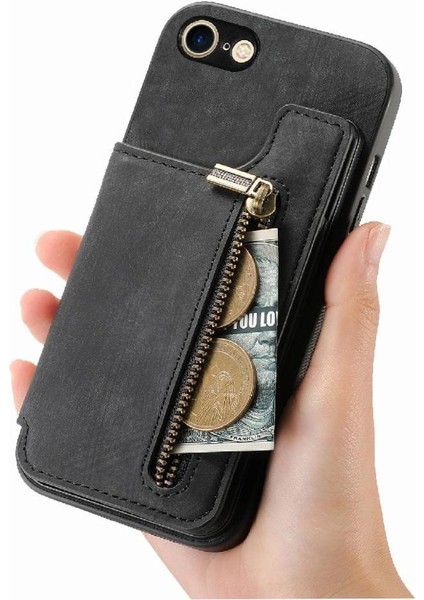 IPhone 7/8 Için Kılıf Vintage Fermuar Cüzdan Standı Fonksiyonu Katlanabilir Geri (Yurt Dışından) modelleri