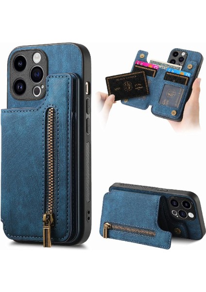 IPhone 15 Için Kılıf Pro Max Vintage Fermuar Cüzdan Standı Fonksiyonu Katlanabilir (Yurt Dışından)