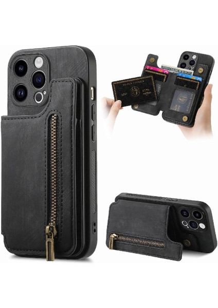 IPhone 15 Için Kılıf Pro Max Vintage Fermuar Cüzdan Standı Fonksiyonu Katlanabilir (Yurt Dışından)
