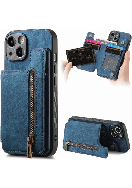 IPhone 15 Için Kılıf Artı Standı Fonksiyonu Vintage Fermuar Cüzdan Katlanabilir Geri (Yurt Dışından)
