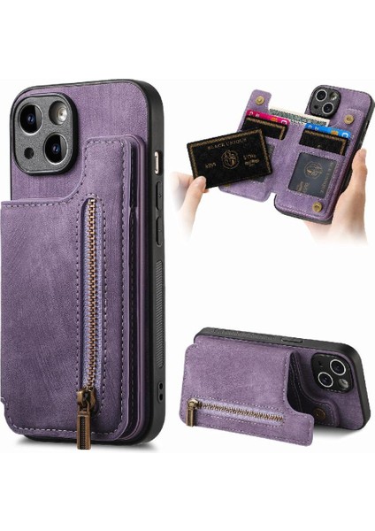 IPhone 14 Için Kılıf Katlanabilir Arka Kapak Standı Fonksiyonu Vintage Fermuar Cüzdan (Yurt Dışından)