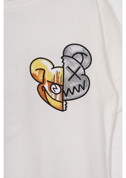 Bisiklet Yaka Kısa Kol Canavar Baskılı Ekru Renk Erkek Çocuk Tshirt