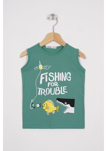 Fıshıng For Trouble Yazı Baskıl Cagla Yesil Renk Erkek Cocuk Tshırt