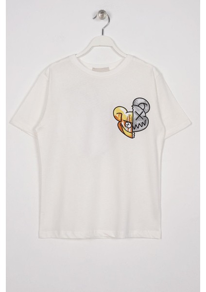 Bisiklet Yaka Kısa Kol Canavar Baskılı Ekru Renk Erkek Çocuk Tshirt