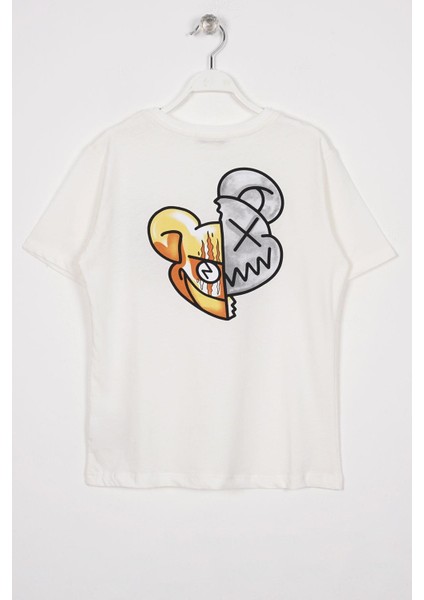 Bisiklet Yaka Kısa Kol Canavar Baskılı Ekru Renk Erkek Çocuk Tshirt modelleri