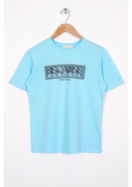 Bisiklet Yaka Kısa Kol Yazı Baskılı Acik Mavi Renk Erkek Çocuk Tshirt