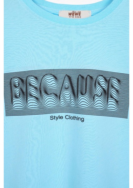 Bisiklet Yaka Kısa Kol Yazı Baskılı Acik Mavi Renk Erkek Çocuk Tshirt fiyatları