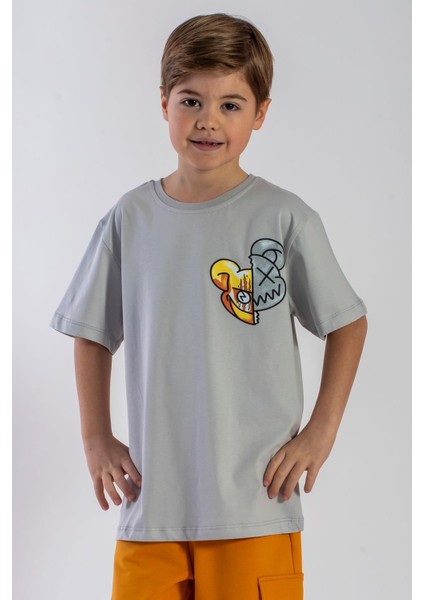 Bisiklet Yaka Kısa Kol Canavar Baskılı Taş Rengi Erkek Çocuk Tshirt