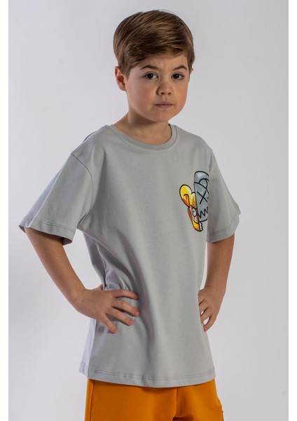 Bisiklet Yaka Kısa Kol Canavar Baskılı Taş Rengi Erkek Çocuk Tshirt fiyatları