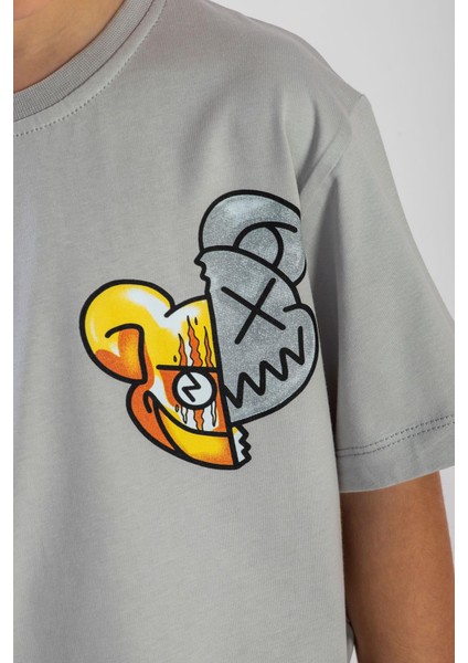 Bisiklet Yaka Kısa Kol Canavar Baskılı Taş Rengi Erkek Çocuk Tshirt indirimleri
