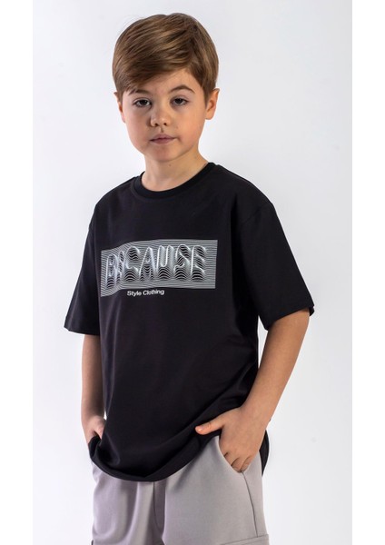 Bisiklet Yaka Kısa Kol Yazı Baskılı Siyah Renk Erkek Çocuk Tshirt