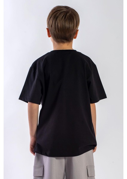 Bisiklet Yaka Kısa Kol Yazı Baskılı Siyah Renk Erkek Çocuk Tshirt modelleri