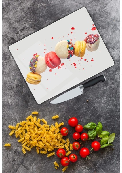 Renkli Kurabiyeler Cam Kesme Tahtası 25 x 35 cm modelleri