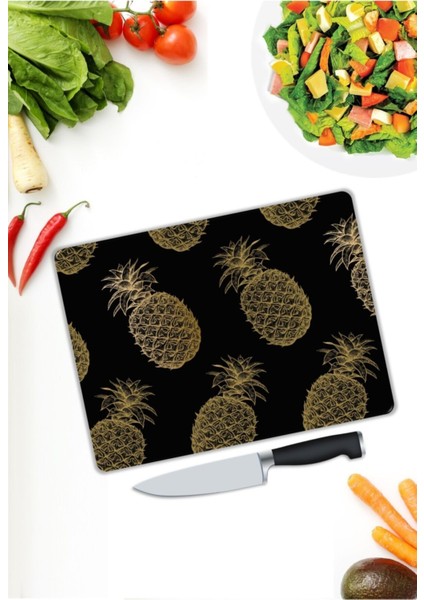 Ananas Desenli | Cam Kesme Tahtası | 25 x 35 cm