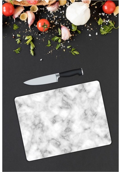 Beyaz Mermer Görünümlü Cam Kesme Tahtası 25 x 35 cm