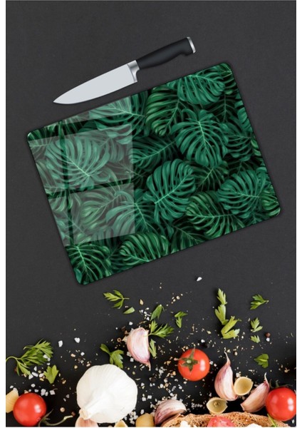 Yeşil Yapraklar Cam Kesme Tahtası 25 x 35 cm