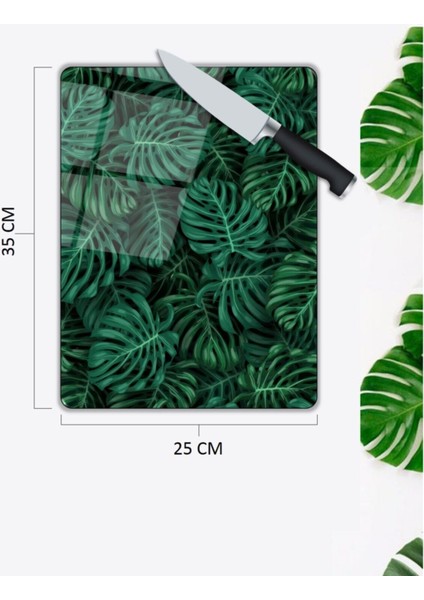 Yeşil Yapraklar Cam Kesme Tahtası 25 x 35 cm fiyatları