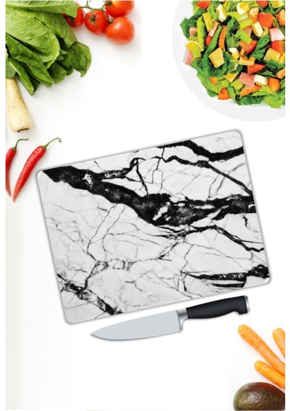 Beyaz Mermer Görünümlü Cam Kesme Tahtası 25 x 35 cm