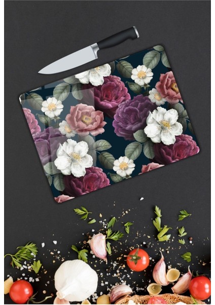 Renkli Çiçekler Cam Kesme Tahtası 25 x 35 cm