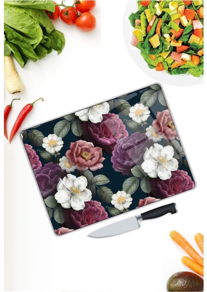 Renkli Çiçekler Cam Kesme Tahtası 25 x 35 cm modelleri
