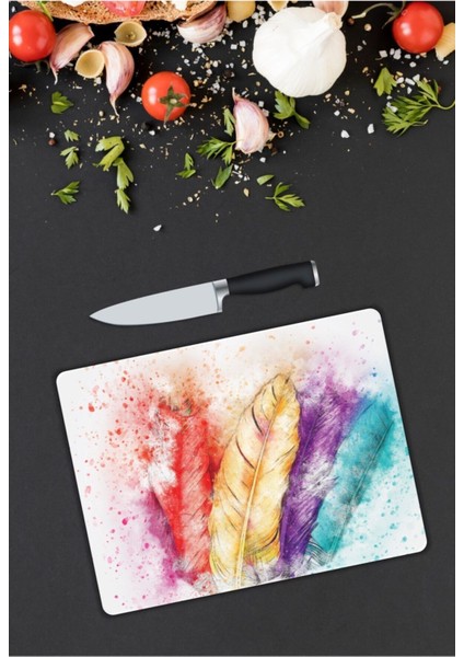 Renkli Tüyler | Cam Kesme Tahtası | 25 x 35 cm